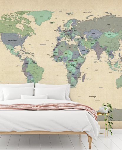 mural de mapamundi azul y verde llamado Map Of The World VI de Michael Tompsett para oficinas en casa