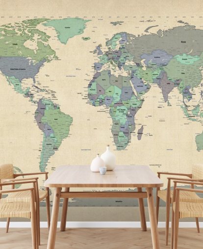 blue and green world map mural called Map Of The World VI by Michael Tompsett for home offices