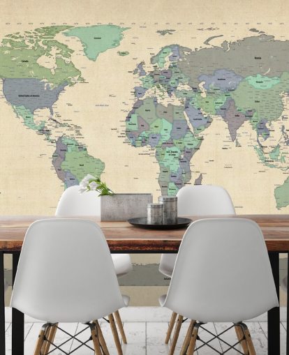 blue and green world map mural called Map Of The World VI by Michael Tompsett for home offices