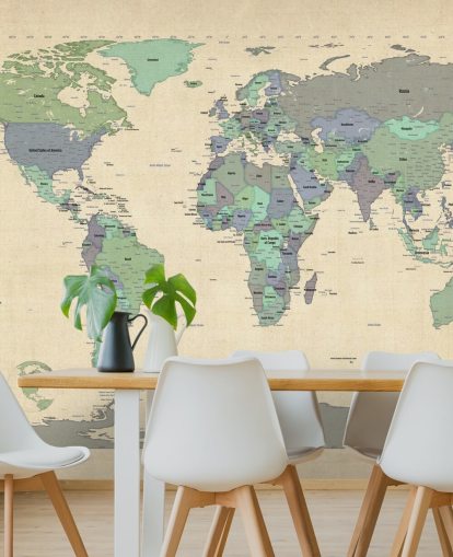 blue and green world map mural called Map Of The World VI by Michael Tompsett for home offices
