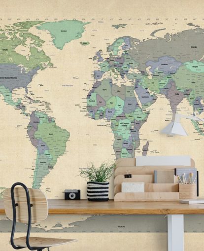 mural de mapa-múndi azul e verde chamado Map Of The World VI de Michael Tompsett para escritórios domésticos