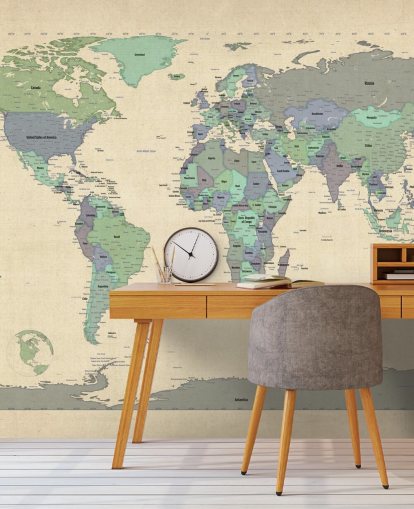 blue and green world map mural called Map Of The World VI by Michael Tompsett for home offices blue and green world map mural called Map Of The World VI by Michael Tompsett for home offices