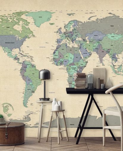 blue and green world map mural called Map Of The World VI by Michael Tompsett for home offices