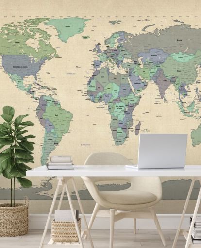 blue and green world map mural called Map Of The World VI by Michael Tompsett for home offices