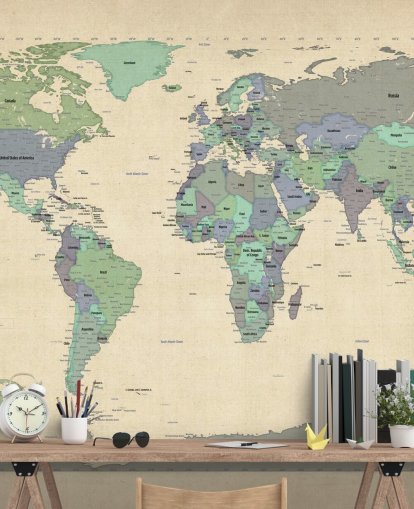 mural de mapa-múndi azul e verde chamado Map Of The World VI de Michael Tompsett para escritórios domésticos