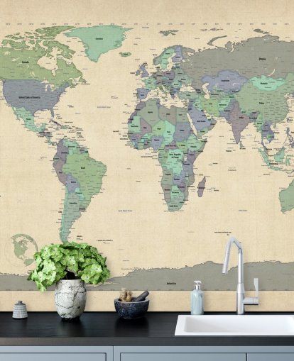 blue and green world map mural called Map Of The World VI by Michael Tompsett for home offices blue and green world map mural called Map Of The World VI by Michael Tompsett for home offices