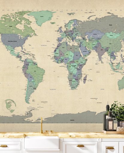 blue and green world map mural called Map Of The World VI by Michael Tompsett for home offices blue and green world map mural called Map Of The World VI by Michael Tompsett for home offices