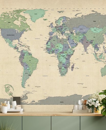 blauwe en groene muurschildering van de wereldkaart genaamd Map Of The World VI van Michael Tompsett voor thuiskantoren