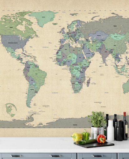 blue and green world map mural called Map Of The World VI by Michael Tompsett for home offices blue and green world map mural called Map Of The World VI by Michael Tompsett for home offices