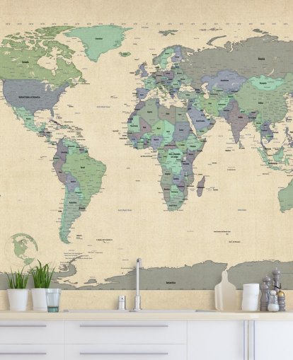 murale con mappa del mondo blu e verde chiamato Map Of The World VI di Michael Tompsett per uffici domestici