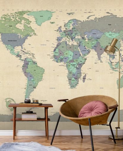 mural de mapamundi azul y verde llamado Map Of The World VI de Michael Tompsett para oficinas en casa mural de mapamundi azul y verde llamado Map Of The World VI de Michael Tompsett para oficinas en casa