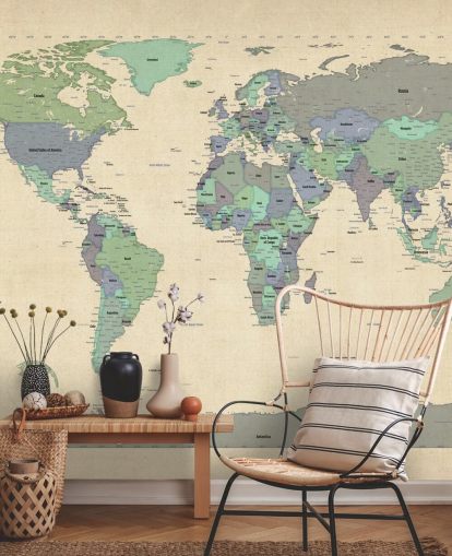 Michael Tompsettin sininen ja vihreä maailmankartan seinämaalaus nimeltä Map Of The World VI kotitoimistoihin Michael Tompsettin sininen ja vihreä maailmankartan seinämaalaus nimeltä Map Of The World VI kotitoimistoihin