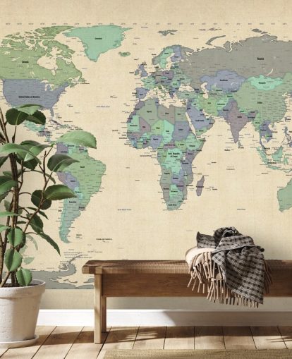 Michael Tompsettin sininen ja vihreä maailmankartan seinämaalaus nimeltä Map Of The World VI kotitoimistoihin Michael Tompsettin sininen ja vihreä maailmankartan seinämaalaus nimeltä Map Of The World VI kotitoimistoihin