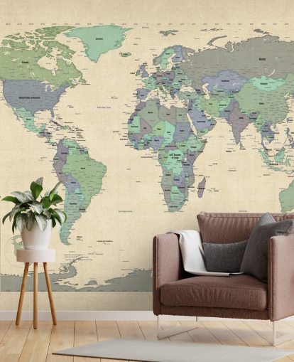 mural de mapa-múndi azul e verde chamado Map Of The World VI de Michael Tompsett para escritórios domésticos mural de mapa-múndi azul e verde chamado Map Of The World VI de Michael Tompsett para escritórios domésticos