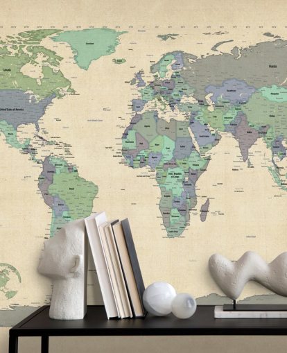 blue and green world map mural called Map Of The World VI by Michael Tompsett for home offices blue and green world map mural called Map Of The World VI by Michael Tompsett for home offices