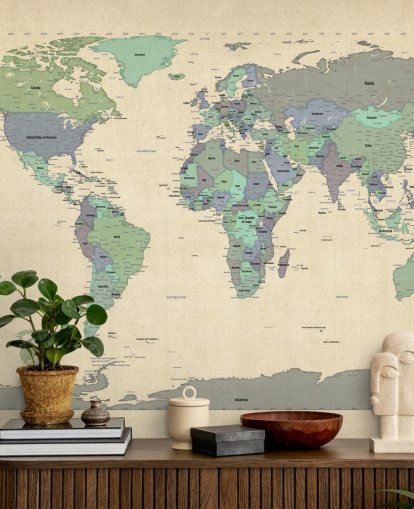 blue and green world map mural called Map Of The World VI by Michael Tompsett for home offices
