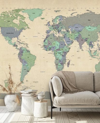 blått og grønt verdenskart veggmaleri kalt Map Of The World VI av Michael Tompsett for hjemmekontorer