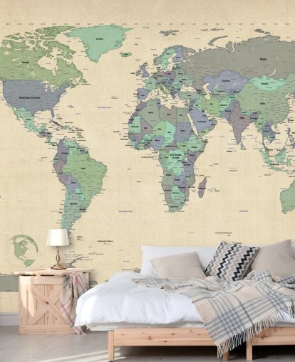 blåt og grønt verdenskort vægmaleri kaldet Map Of The World VI af Michael Tompsett til hjemmekontorer