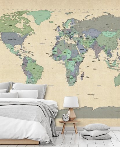blue and green world map mural called Map Of The World VI by Michael Tompsett for home offices