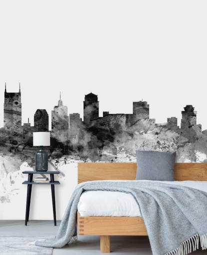 schwarz-weißes Tennessee-Skyline-Tapeten-Wandbild namens Nashville, Tennessee BW Skyline von Michael Tompsett
