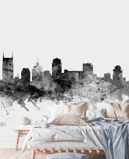 zwart-wit Tennessee skyline behangmuurschildering genaamd Nashville, Tennessee BW Skyline van Michael Tompsett