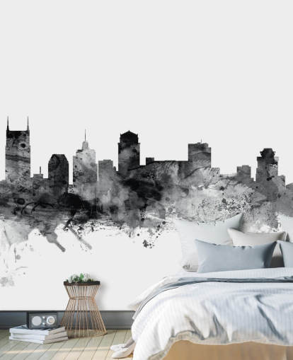 schwarz-weißes Tennessee-Skyline-Tapeten-Wandbild namens Nashville, Tennessee BW Skyline von Michael Tompsett