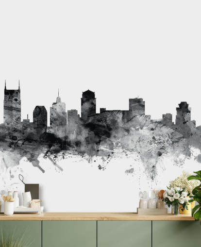 papier peint mural noir et blanc Tennessee Skyline appelé Nashville, Tennessee BW Skyline par Michael Tompsett