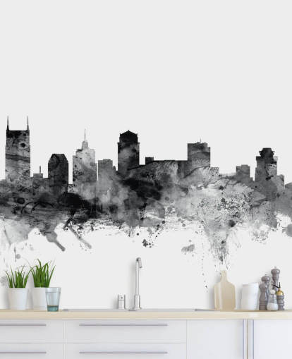 mural de papel de parede preto e branco do horizonte do tennessee chamado Nashville, Tennessee BW Skyline de Michael Tompsett