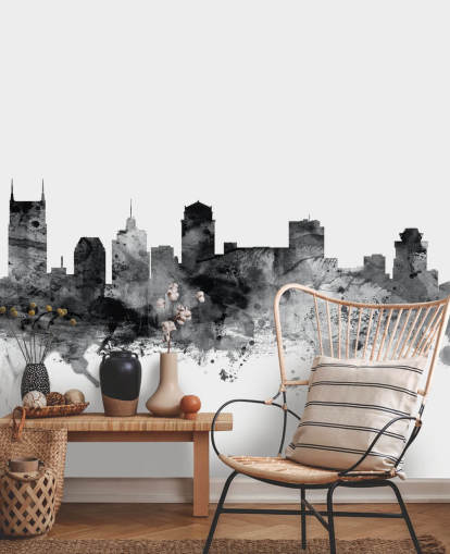 mural en blanco y negro del horizonte de Tennessee llamado Nashville, Tennessee BW Skyline de Michael Tompsett mural en blanco y negro del horizonte de Tennessee llamado Nashville, Tennessee BW Skyline de Michael Tompsett