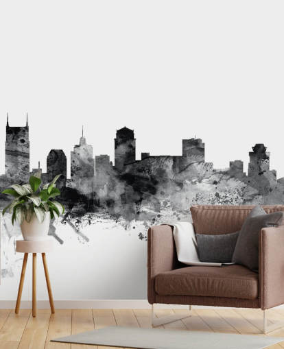 mural en blanco y negro del horizonte de Tennessee llamado Nashville, Tennessee BW Skyline de Michael Tompsett