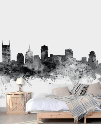 schwarz-weißes Tennessee-Skyline-Tapeten-Wandbild namens Nashville, Tennessee BW Skyline von Michael Tompsett