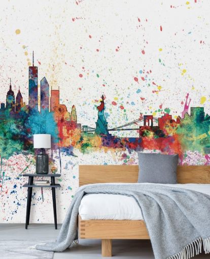 kleurrijke behangmuurschildering van New York genaamd New York City Skyline van Michael Tompsett