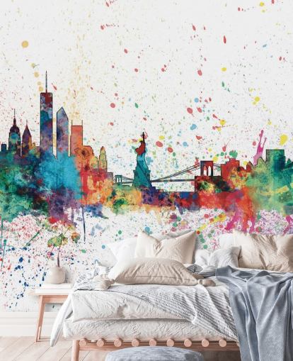 colourful new york wallpaper mural called New York City Skyline by Michael Tompsett