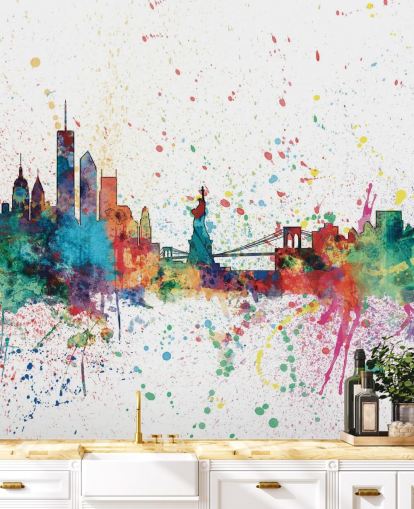colorido mural de papel pintado de Nueva York llamado New York City Skyline de Michael Tompsett