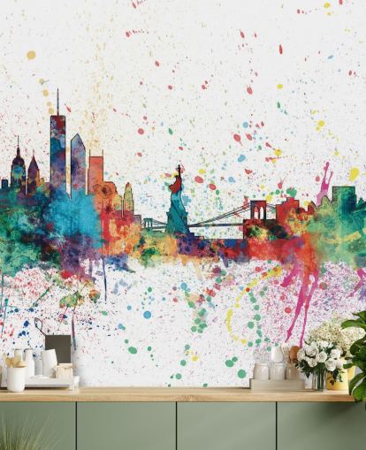 farverigt new york tapetmaleri kaldet New York City Skyline af Michael Tompsett farverigt new york tapetmaleri kaldet New York City Skyline af Michael Tompsett