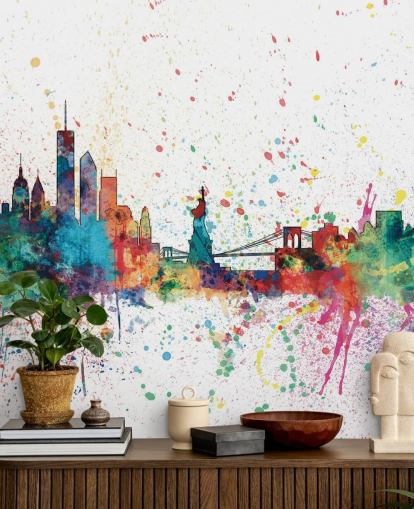colorful new york wallpaper mural called New York City Skyline by Michael Tompsett