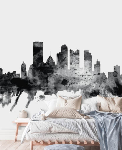 Poster mural Pittsburgh, Pennsylvanie en noir et blanc sur la ligne d'horizon