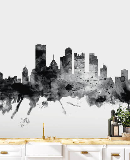 Pittsburgh, Pennsylvania in black and white Skyline Wall Mural