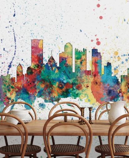pittsburgh pennsylvania skyline mural with paint splatters called Pittsburgh, Pennsylvania Skyline by Michael Tompsett