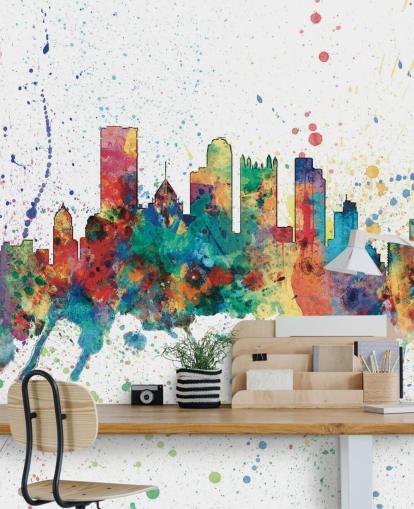 mural do horizonte de Pittsburgh, Pensilvânia, com respingos de tinta chamado Pittsburgh, Pensilvânia Skyline, de Michael Tompsett