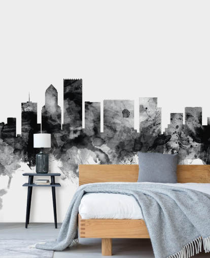 mural de parede em preto e branco do horizonte de Portland chamado Portland, Oregon Skyline de Michael Tompsett mural de parede em preto e branco do horizonte de Portland chamado Portland, Oregon Skyline de Michael Tompsett