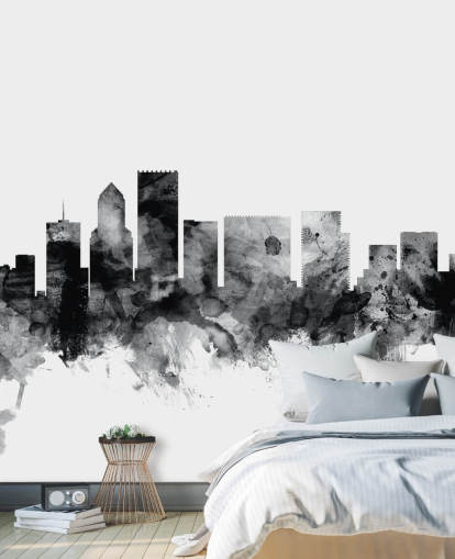 zwart-wit muurschildering van de skyline van Portland genaamd Portland, Oregon Skyline door Michael Tompsett