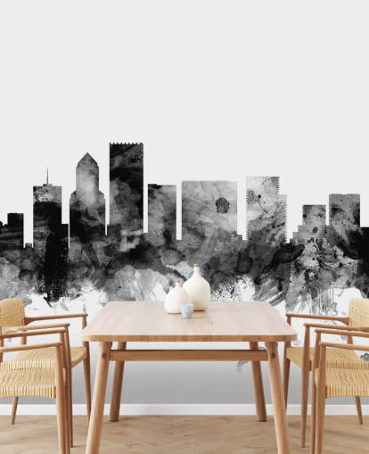 mural de pared en blanco y negro del horizonte de Portland llamado Portland, Oregon Skyline de Michael Tompsett