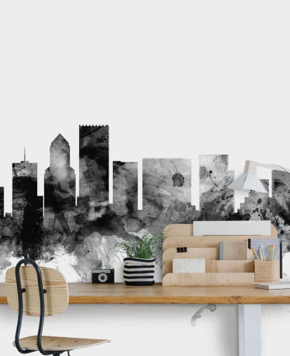 black and white portland skyline wall mural called Portland, Oregon Skyline by Michael Tompsett black and white portland skyline wall mural called Portland, Oregon Skyline by Michael Tompsett