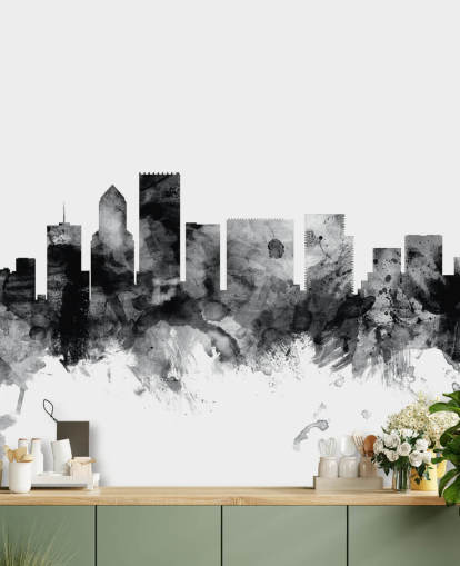 black and white portland skyline wall mural called Portland, Oregon Skyline by Michael Tompsett