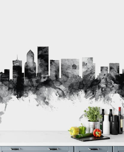 svartvitt portland skyline väggmålning som heter Portland, Oregon Skyline av Michael Tompsett svartvitt portland skyline väggmålning som heter Portland, Oregon Skyline av Michael Tompsett