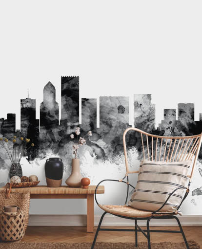 murale in bianco e nero con lo skyline di Portland chiamato Portland, Oregon Skyline di Michael Tompsett
