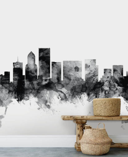 mural de pared en blanco y negro del horizonte de Portland llamado Portland, Oregon Skyline de Michael Tompsett