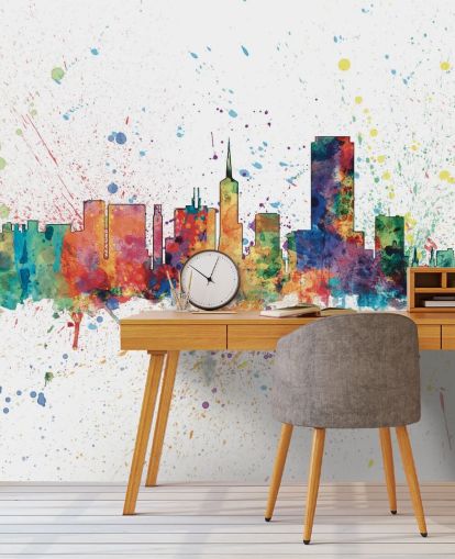 muurschildering van de skyline van San Francisco California met verfspetters