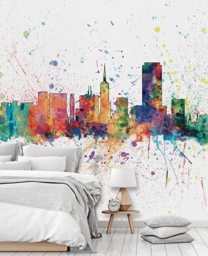 muurschildering van de skyline van San Francisco California met verfspetters